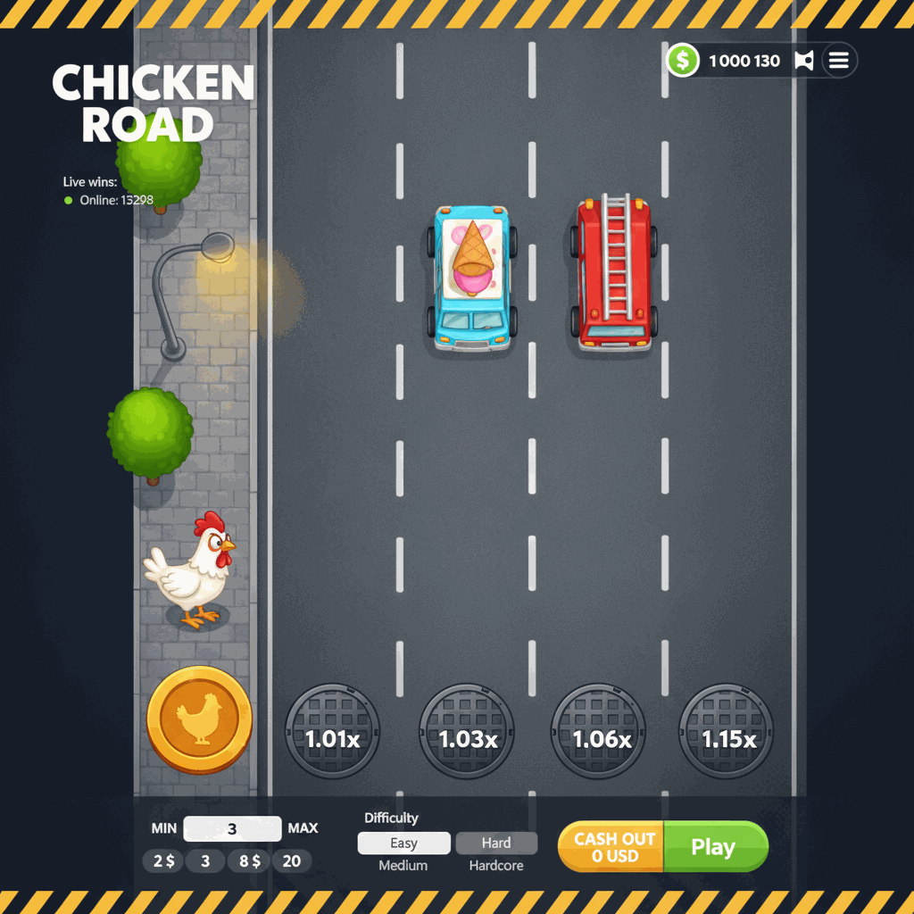 Chicken Road gioco crash: pollo cartoon bianco attraversa una strada a più corsie vista dall'alto con segnaletica stradale, semafori e moltiplicatori crescenti visualizzati su ogni corsia, stile cartoon colorato con interfaccia di gioco InOut