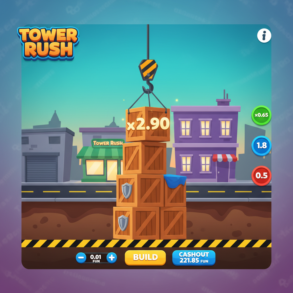 Tower Rush gameplay showing tower construction with wooden crates
