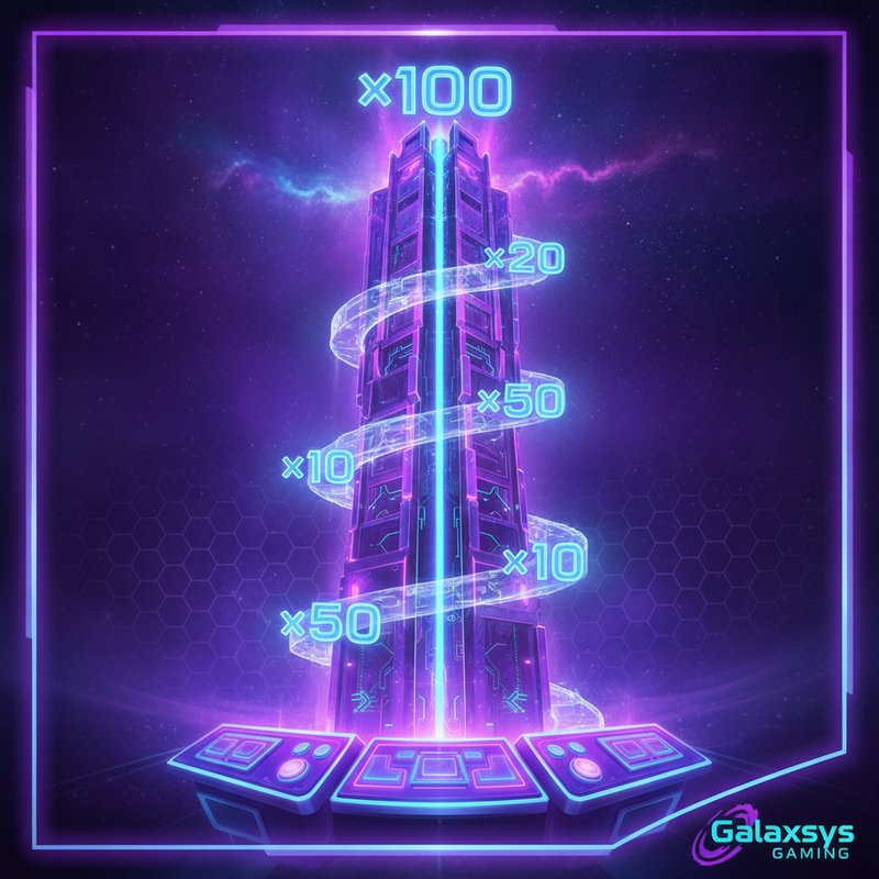 Tower Rush slot machine di Galaxsys con torre verticale illuminata al neon, moltiplicatori progressivi fino a x100, design futuristico viola e ciano